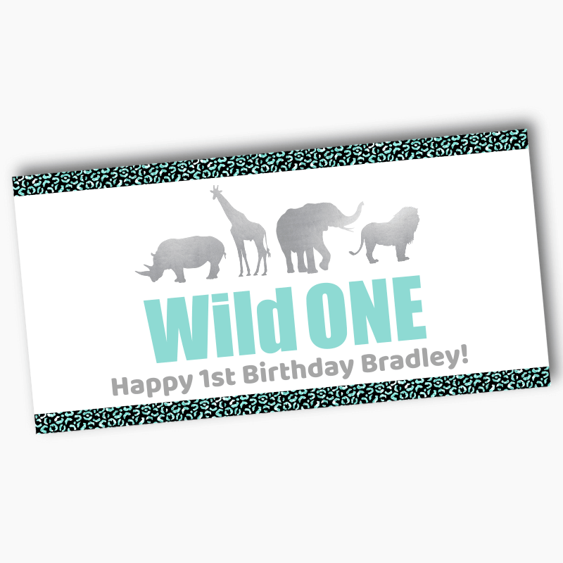 Personalised Aqua &amp; Silver Wild One Birthday Party Banners