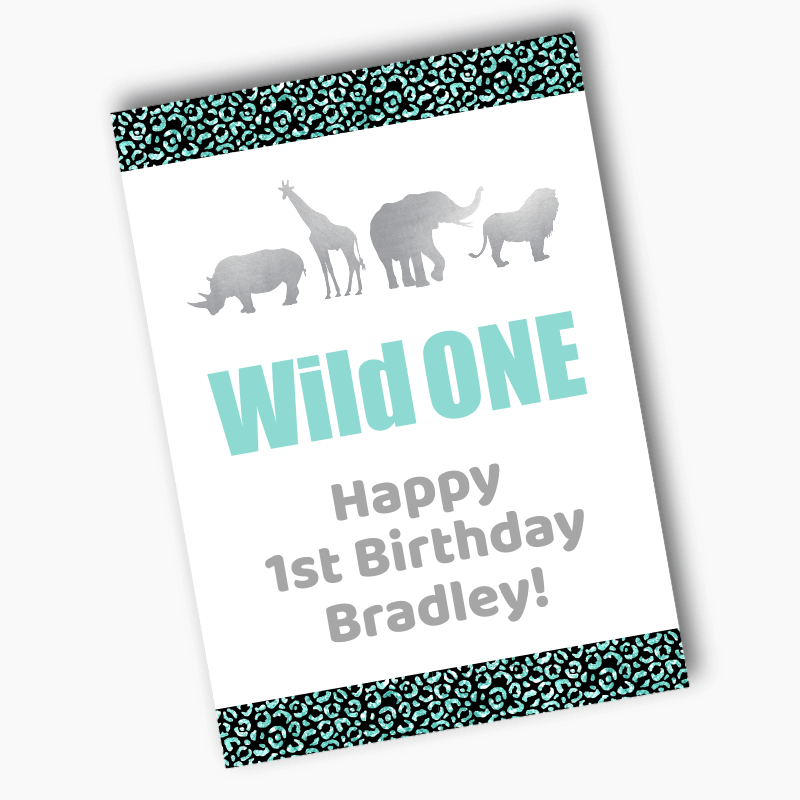 Personalised Aqua &amp; Silver Wild One Birthday Party Posters