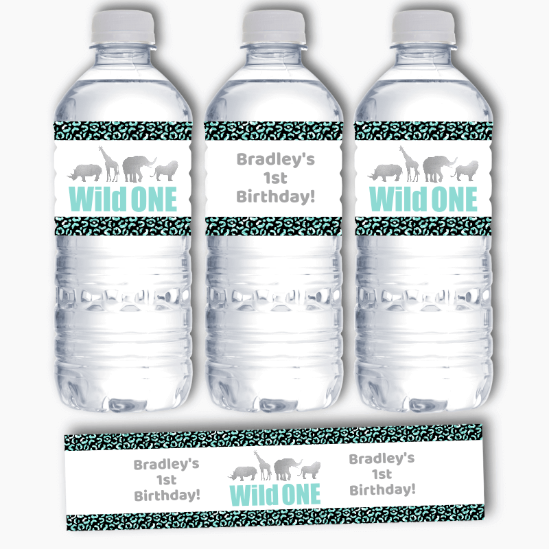 Personalised Aqua &amp; Silver Wild One Party Water Bottle Labels