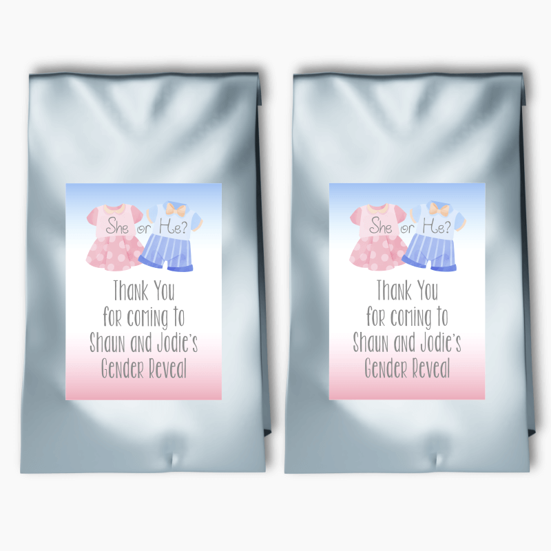 Personalised Baby Outfits Gender Reveal Party Bags &amp; Labels