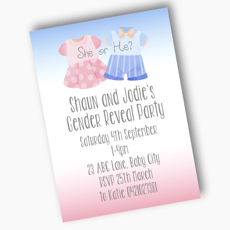Personalised Baby Outfits Gender Reveal Party Invites