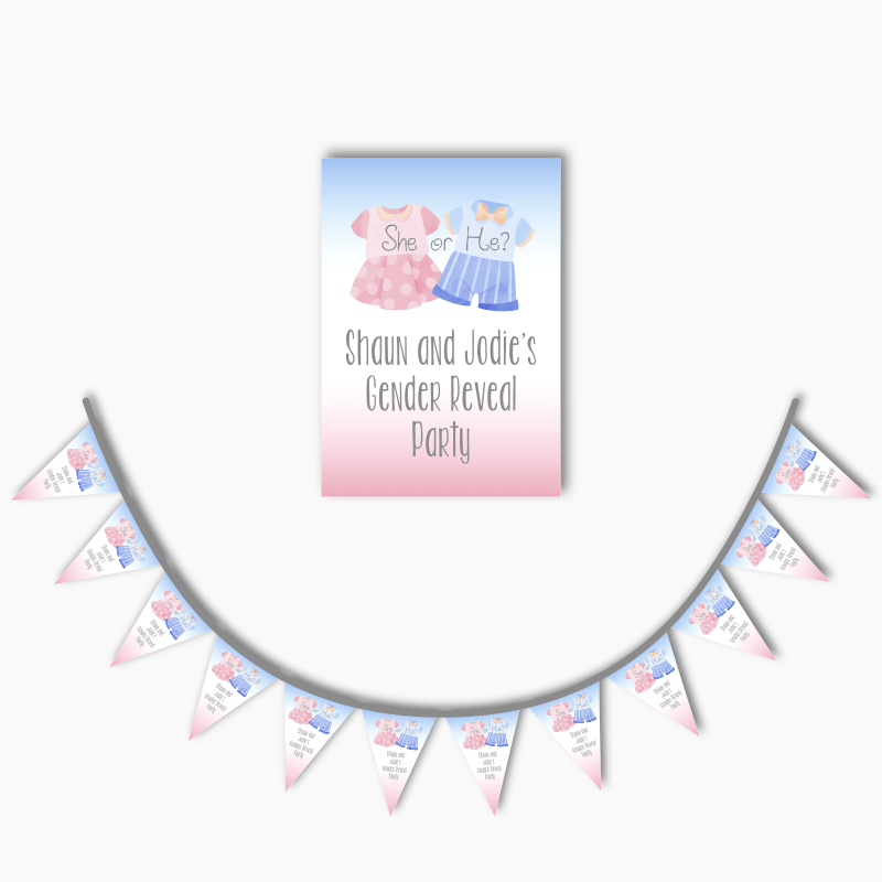 Personalised Baby Outfits Gender Reveal Poster &amp; Bunting Combo