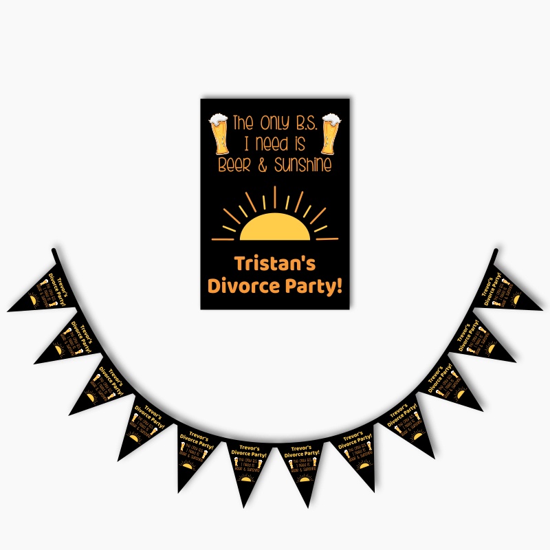 Personalised Beer &amp; Sunshine Divorce Poster &amp; Bunting Combo