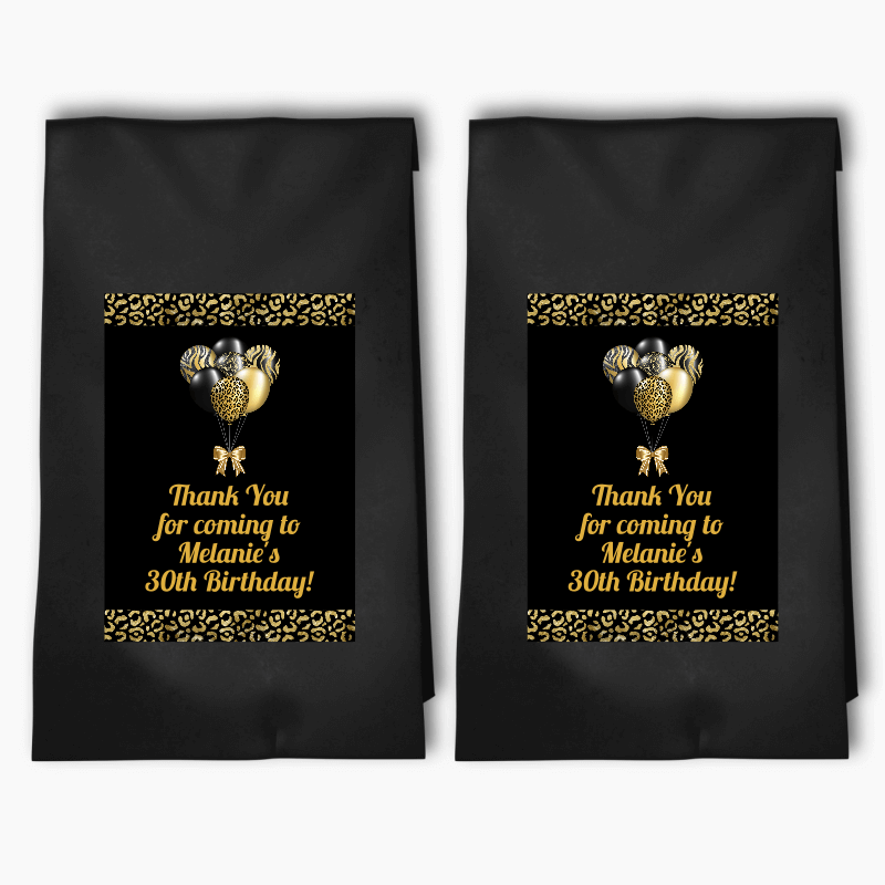 Personalised Black &amp; Gold Balloons Birthday Party Bags &amp; Labels
