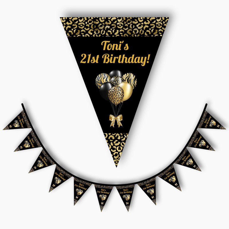 Personalised Black &amp; Gold Balloons Birthday Party Flag Bunting