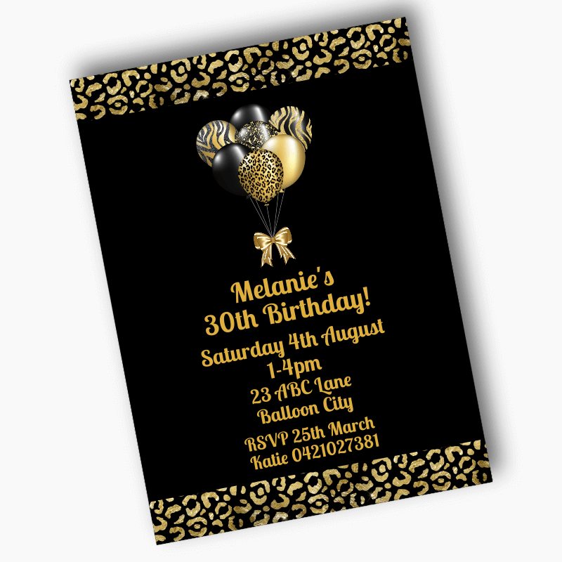 Personalised Black &amp; Gold Balloons Birthday Party Invites