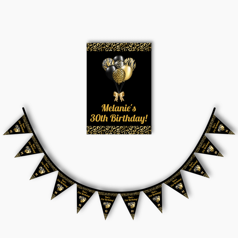 Personalised Black &amp; Gold Balloons Party Poster &amp; Bunting Combo