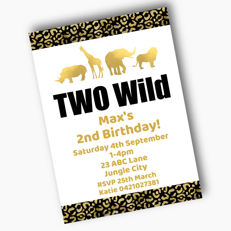 Personalised Black &amp; Gold Two Wild Birthday Party Invites
