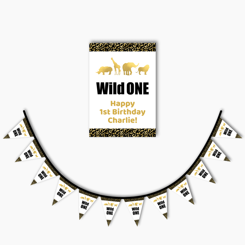 Personalised Black &amp; Gold Wild One Party Poster &amp; Bunting Combo