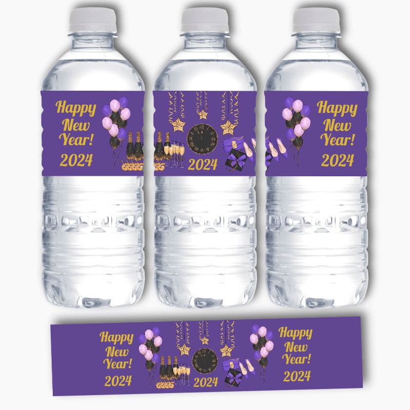 Purple, Black &amp; Gold New Years Party Water Bottle Labels