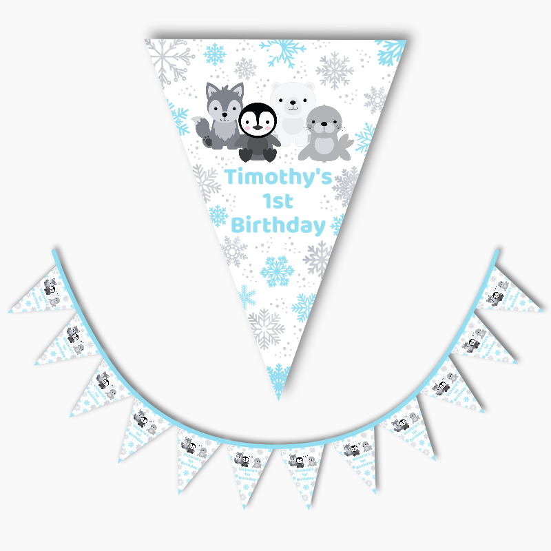 Personalised Blue Arctic Animals Birthday Party Flag Bunting