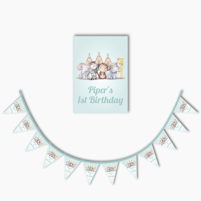 Personalised Boys Boho Jungle Animals Party Poster &amp; Bunting Combo
