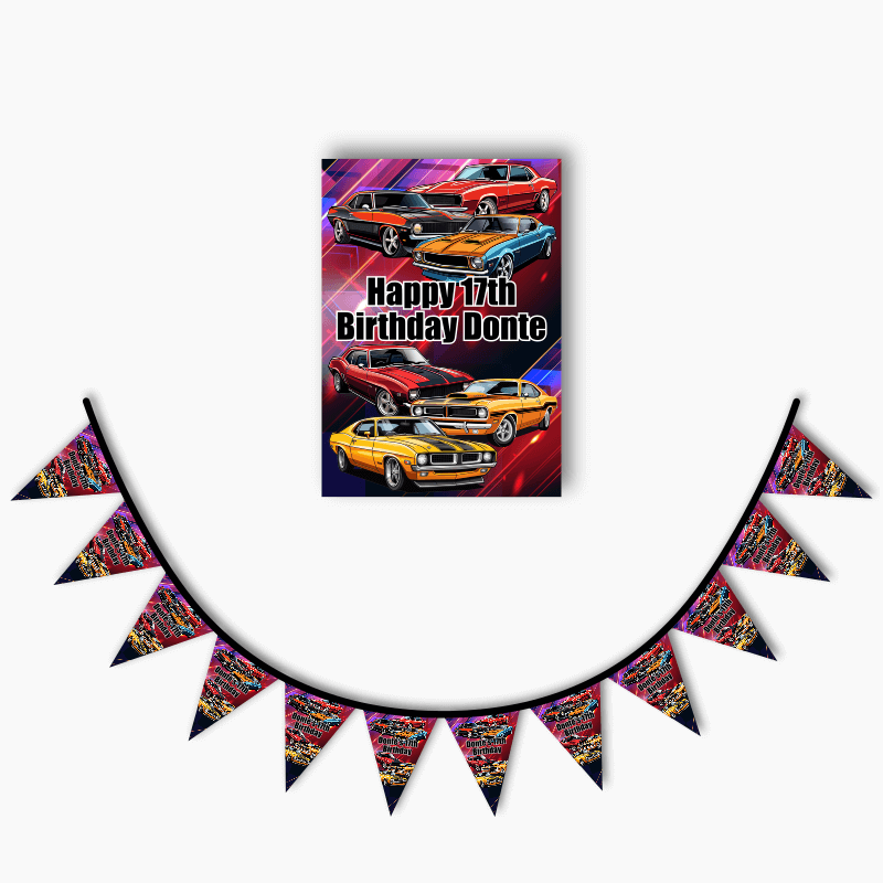 Personalised Muscle Cars Party Poster &amp; Bunting Combo