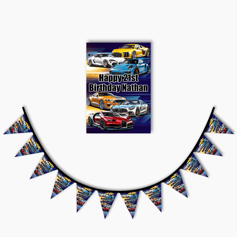Personalised Sports Cars Party Poster &amp; Bunting Combo