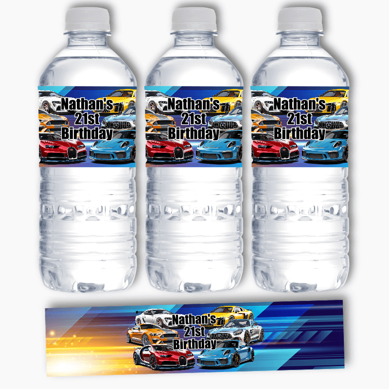 Personalised Sports Cars Party Water Bottle Labels