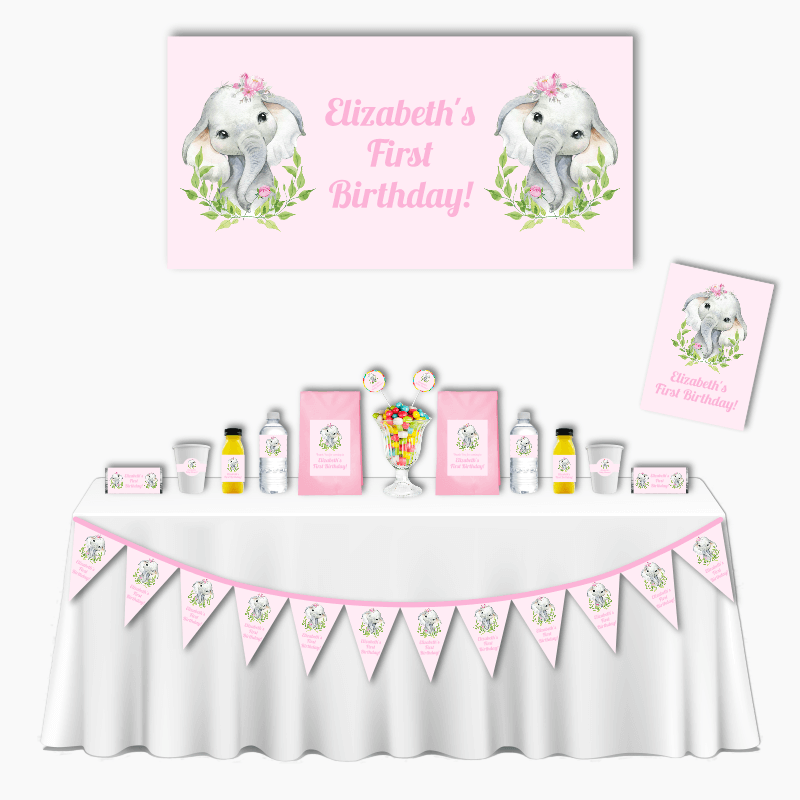 Personalised Pink Floral Elephant Deluxe Birthday Party Pack