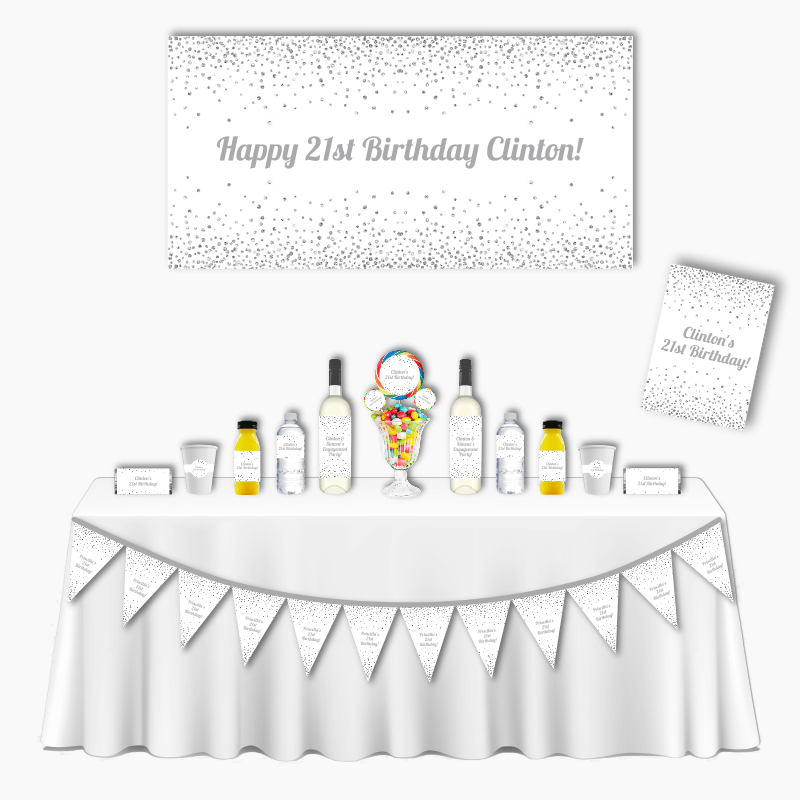 Personalised White &amp; Silver Confetti Deluxe Birthday Party Pack