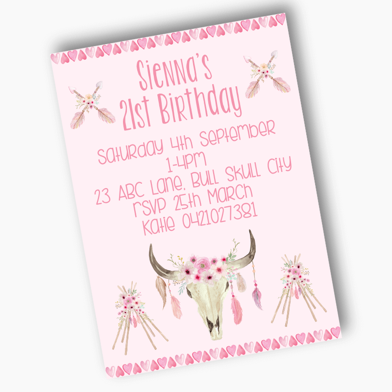 Personalised Floral Boho Skull &amp; Teepees Party Invites