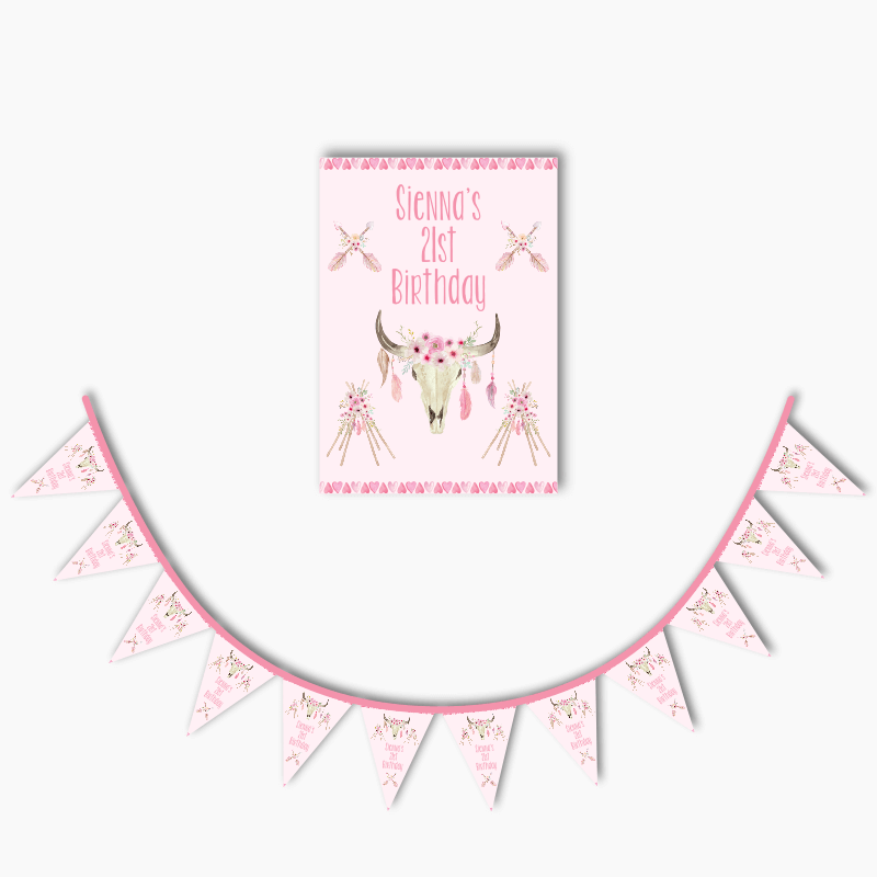 Personalised Floral Boho Skull &amp; Teepees Poster &amp; Bunting Combo