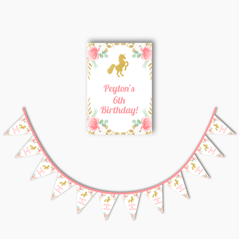 Personalised Floral Unicorn Party Poster &amp; Bunting Combo