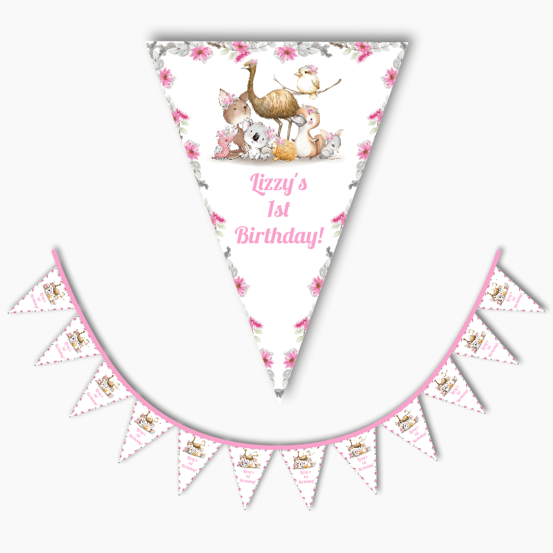 Personalised Girls Floral Australian Animals Party Flag Bunting