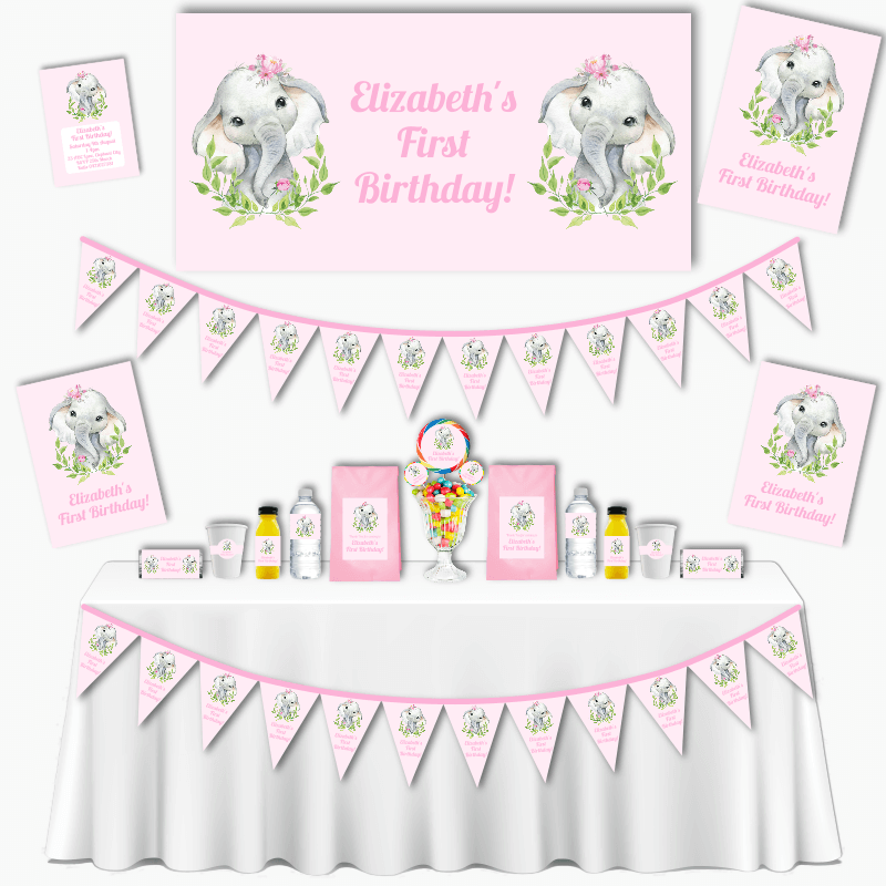 Personalised Pink Floral Elephant Grand Birthday Party Pack