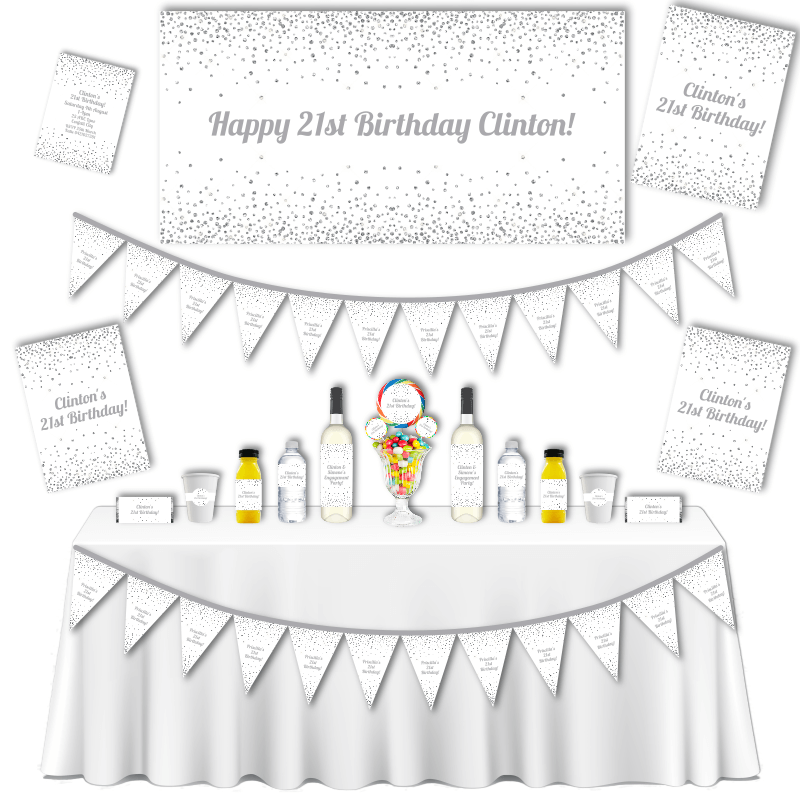 Personalised White &amp; Silver Confetti Grand Birthday Party Pack