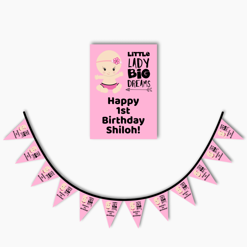 Personalised Little Lady Big Dreams Party Poster &amp; Bunting Combo