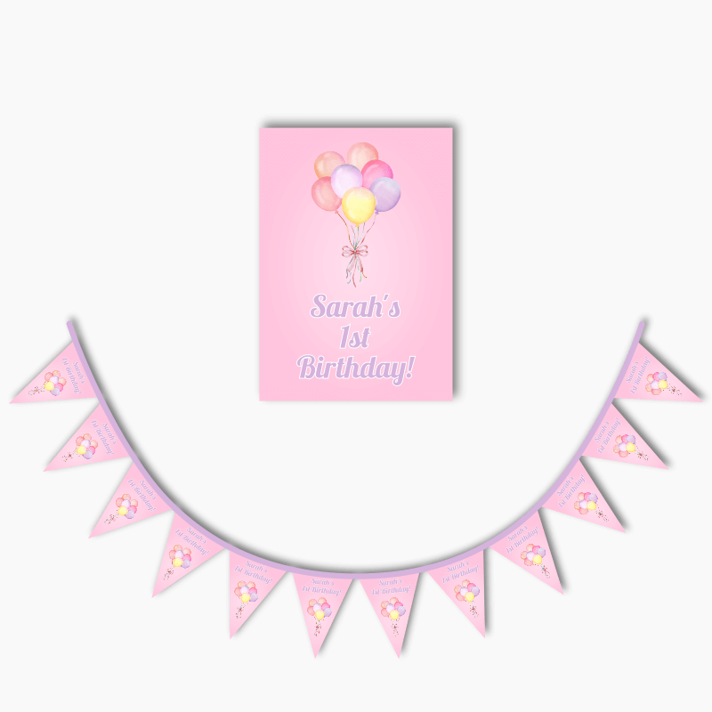 Personalised Pastel Pink Balloons Party Poster &amp; Bunting Combo