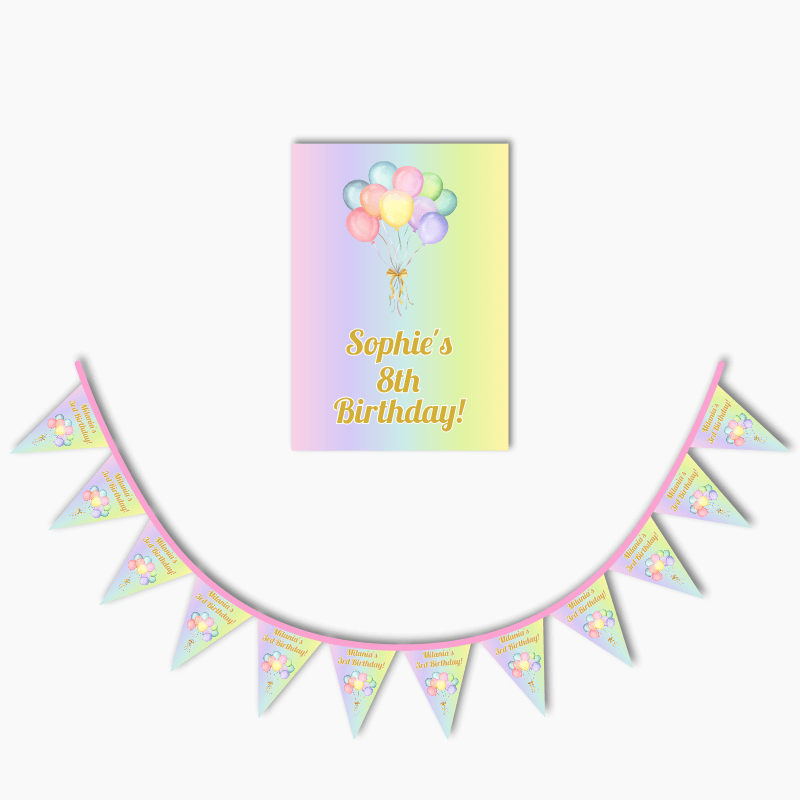 Personalised Pastel Rainbow Balloons Party Poster &amp; Bunting Combo