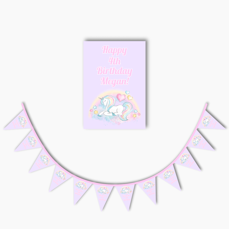Personalised Pastel Rainbow Unicorn Party Poster &amp; Bunting Combo
