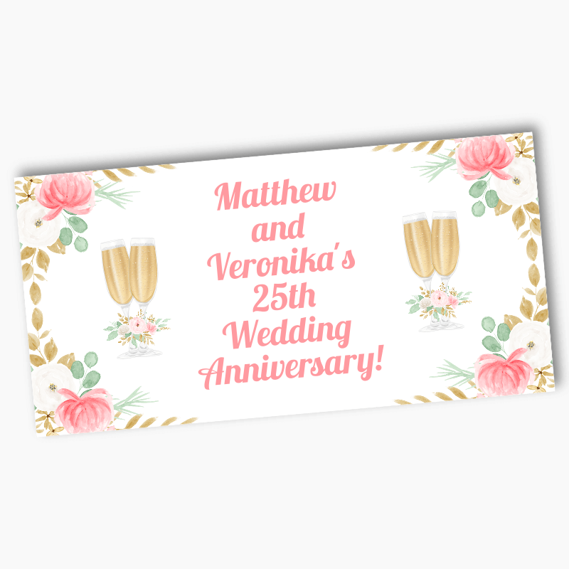 Personalised Pink &amp; Gold Floral Wedding Anniversary Banners