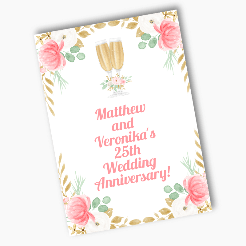 Personalised Pink &amp; Gold Floral Wedding Anniversary Posters
