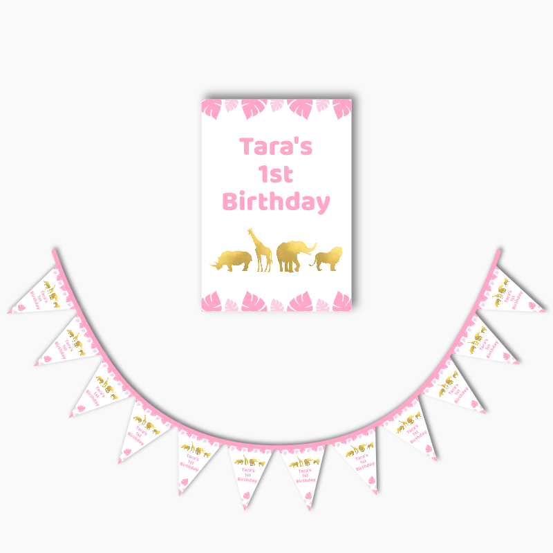 Personalised Pink &amp; Gold Safari Animals Party Poster &amp; Bunting Combo