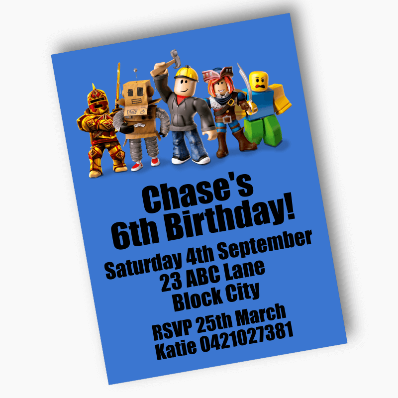 Personalised Roblox Birthday Party Invites - Blue