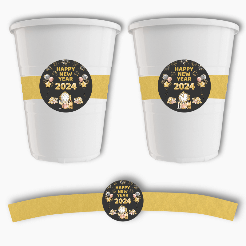 Charcoal, Gold &amp; Rose Pink New Years Party Cup Stickers
