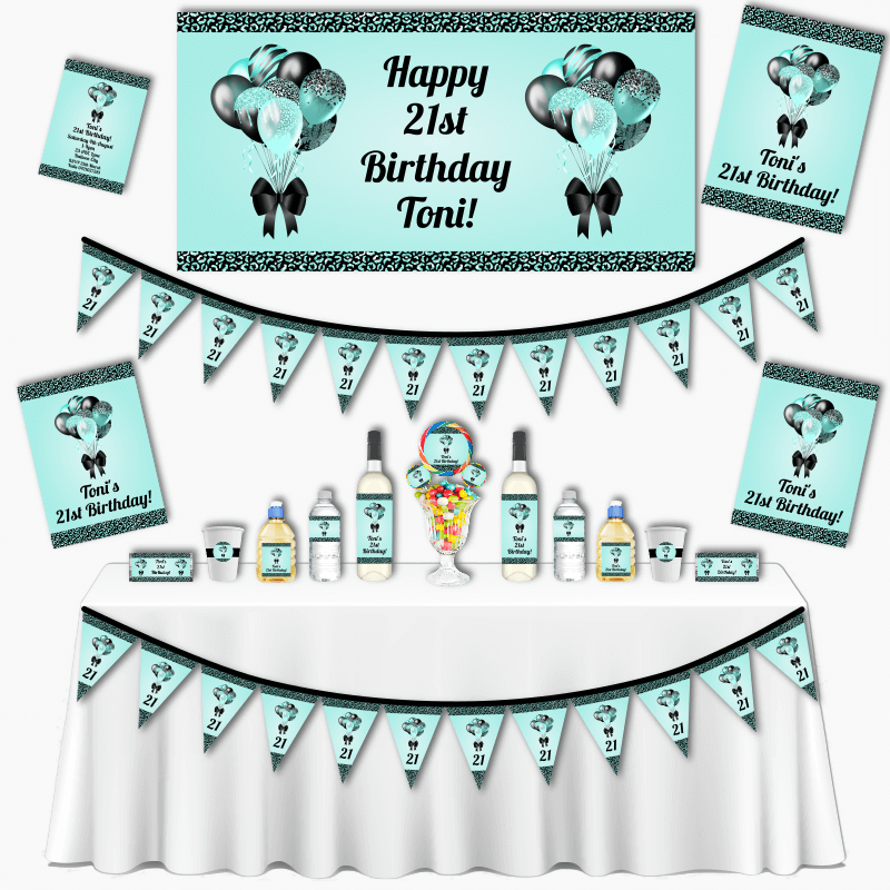 Personalised Aqua &amp; Black Balloons Grand Birthday Party Decorations Pack