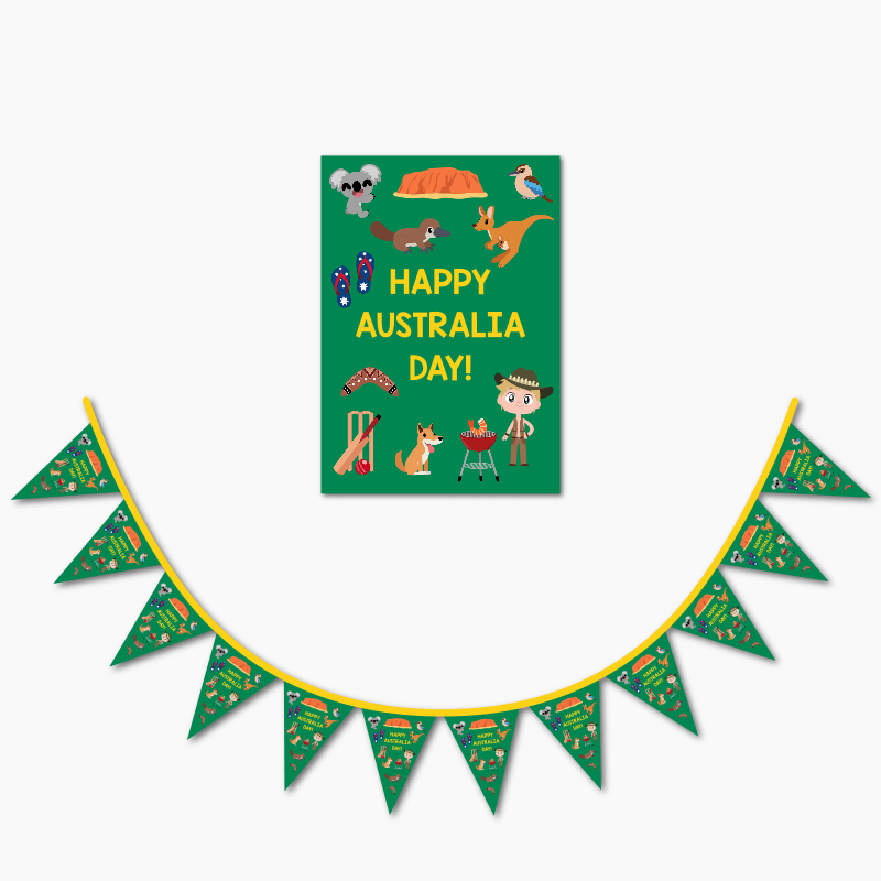 Fun Aussie Character Australia Day Poster &amp; Flag Bunting Combo