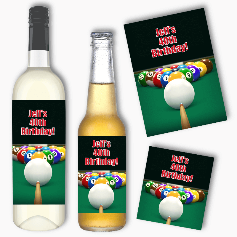 Personalised Billiards 8 Ball Birthday Party Wine &amp; Beer Labels