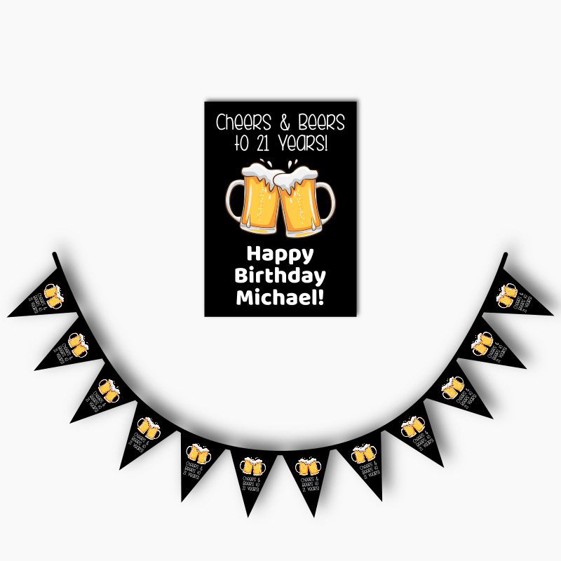 Black Cheers &amp; Beers Birthday Party Poster &amp; Flag Bunting Combo