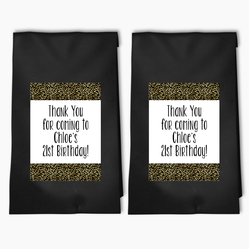 Personalised Black &amp; Gold Animal Print Birthday Party Bags &amp; Labels