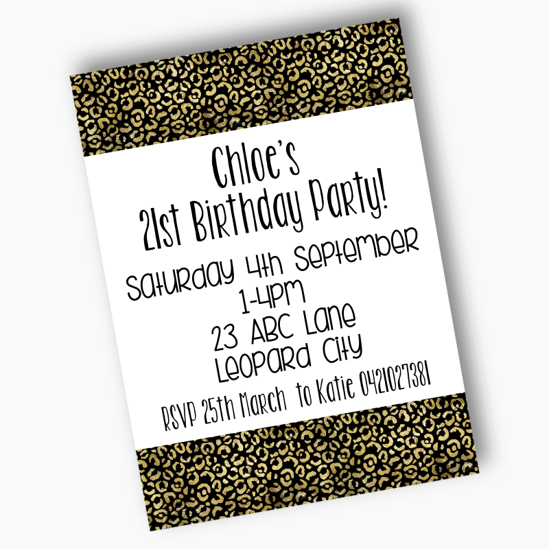 Personalised Black &amp; Gold Animal Print Birthday Party Invites
