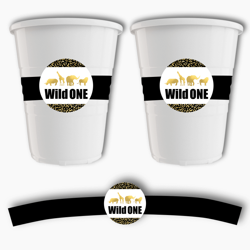 Black &amp; Gold Wild One Birthday Party Cup Stickers
