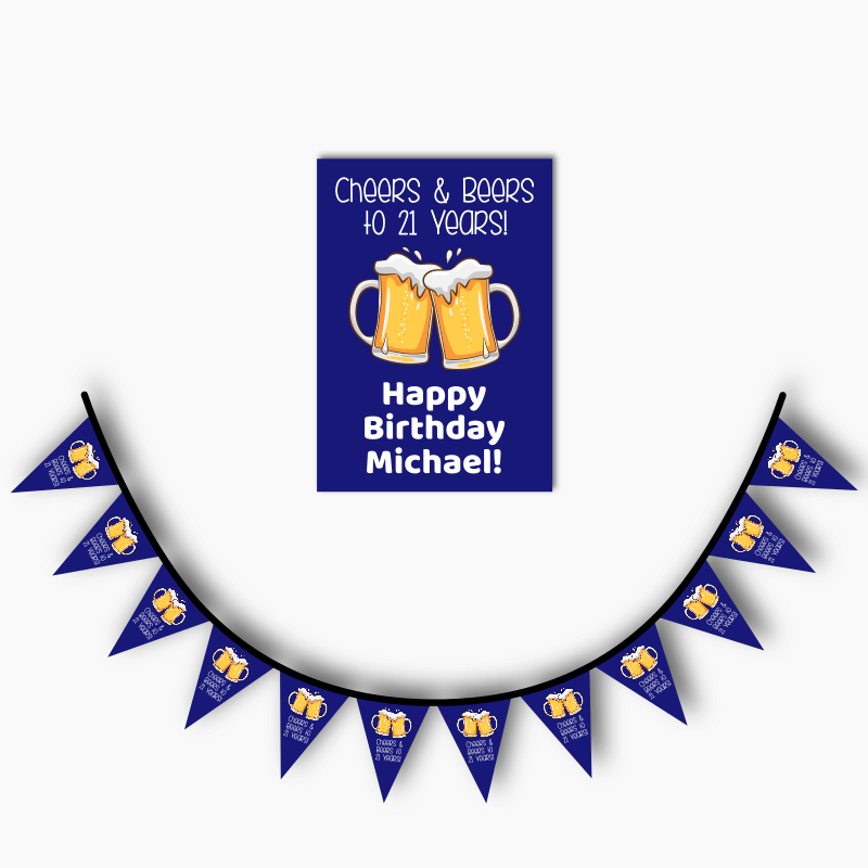 Blue Cheers &amp; Beers Birthday Party Poster &amp; Flag Bunting Combo