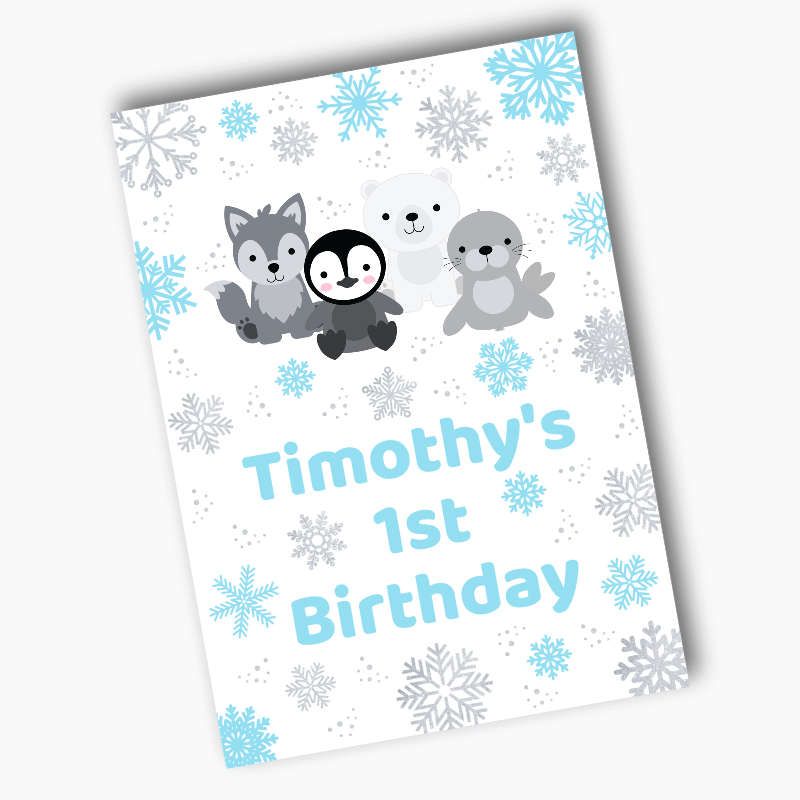 Personalised Blue &amp; Silver Arctic Animals Birthday Party Posters