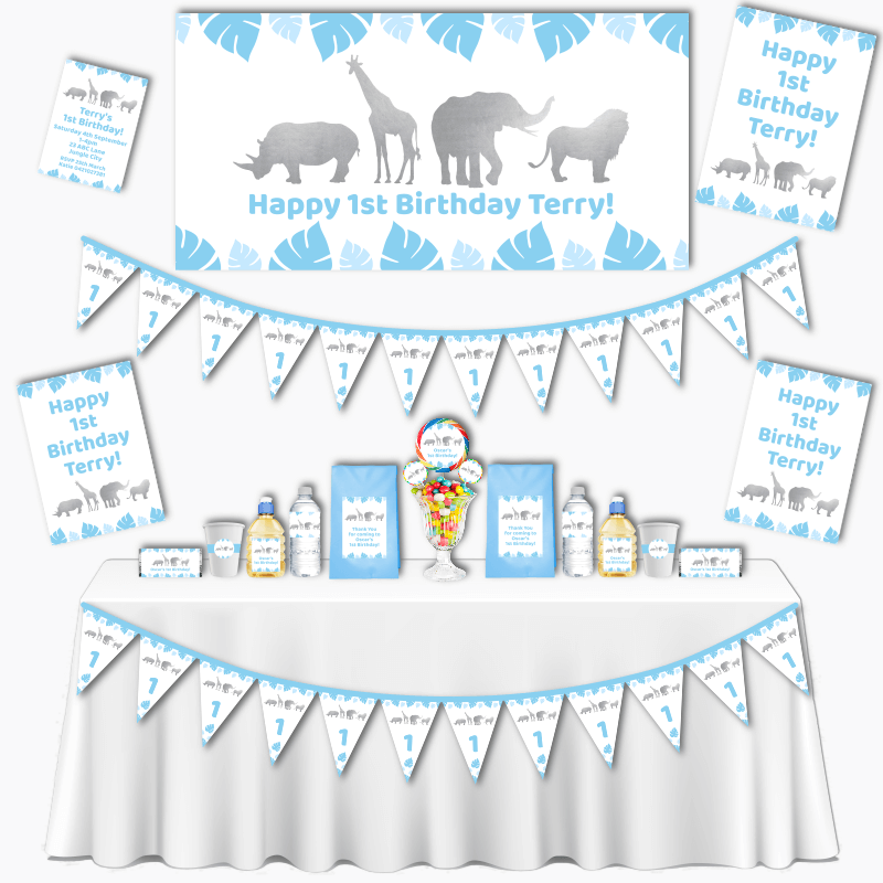 Personalised Blue &amp; Silver Safari Animals Grand Birthday Party Decorations Pack