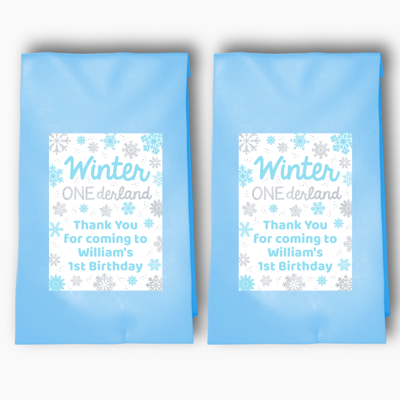 Personalised Blue &amp; Silver Winter ONEderland Birthday Party Bags &amp; Labels