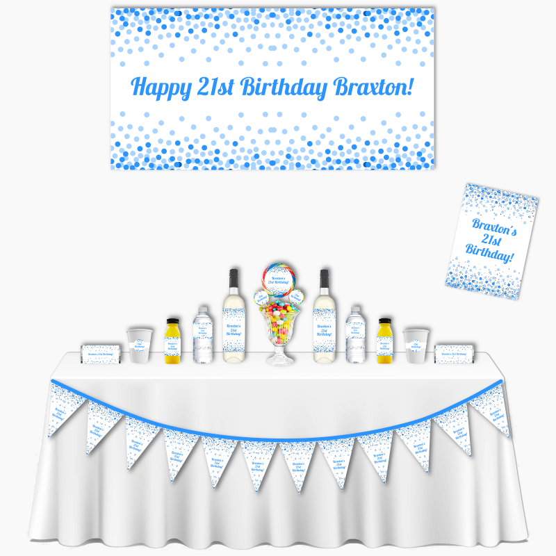 Personalised Blue, White &amp; Silver Confetti Deluxe Birthday Party Pack