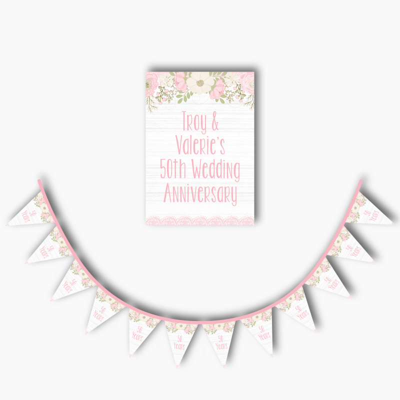 Personalised Boho Pink Floral &amp; Lace Anniversary Poster &amp; Bunting Combo