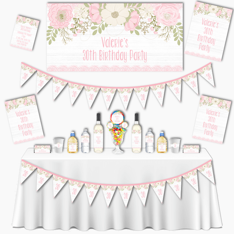 Personalised Boho Pink Floral &amp; Lace Grand Birthday Party Decorations Pack